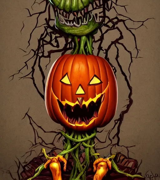 Image similar to a tim burton design of a horrifying pumpkin king, his face looks like a pumpkin, fat, limbs made from vines, sitting on a stone throne, detailed game art illustration, menacing carved facial expression, creepy lighting, dynamic pose, 4 k artstation, masterpiece