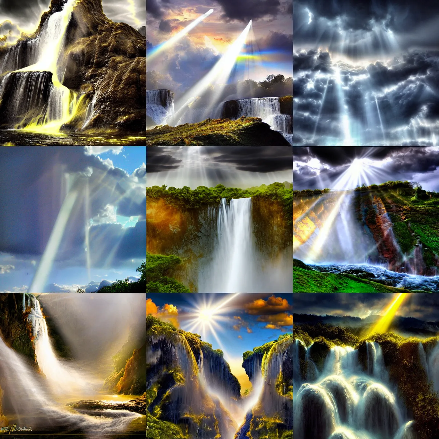 Prompt: melted cheese waterfall, phantasy, dramatic clouds, god rays
