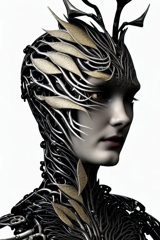 Image similar to monochrome close - up profile face, black background, beautiful young porcelain bio - mechanical vegetal - dragon - cyborg - female, white metallic armour, silver gold details, magnolia leaves and stems, roots, mandelbot fractal, 1 5 0 mm, beautiful natural soft rim light, elegant, hyper real, ultra detailed, octane render, 1 6 k