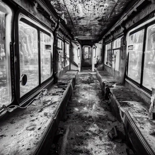 Image similar to abandoned train underwater, scary atmosphere, 8 k