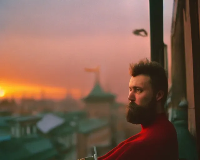 Image similar to lomo photo of 4 0 years russian man with beard and sweater standing on small hrushevka balcony full with cigarette smoke in small russian town looking at sunset, cinestill, bokeh