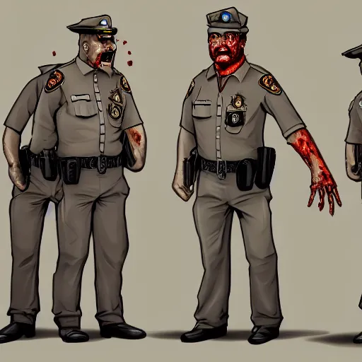 Image similar to zombie sheriffs officers beige uniform and caps in brutalist concrete office trending on artstation high detail digital painting 4 k 8 k hd