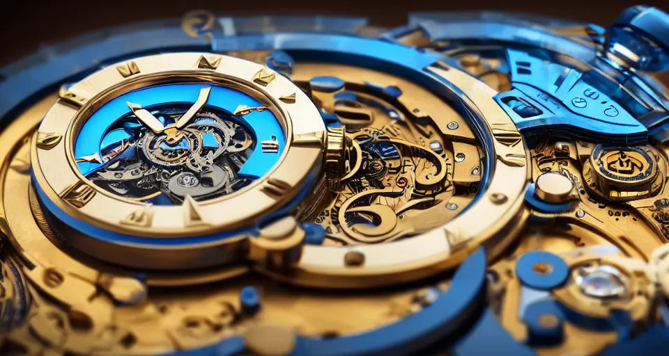Prompt: complex 3 d render of a futuristic steampunk watch lying on a table, high detail, sharp focus, glowing blue interior components, intricate detail, depth of field, bokeh, cinematic lighting and composition, octane render, film grain, bulgari
