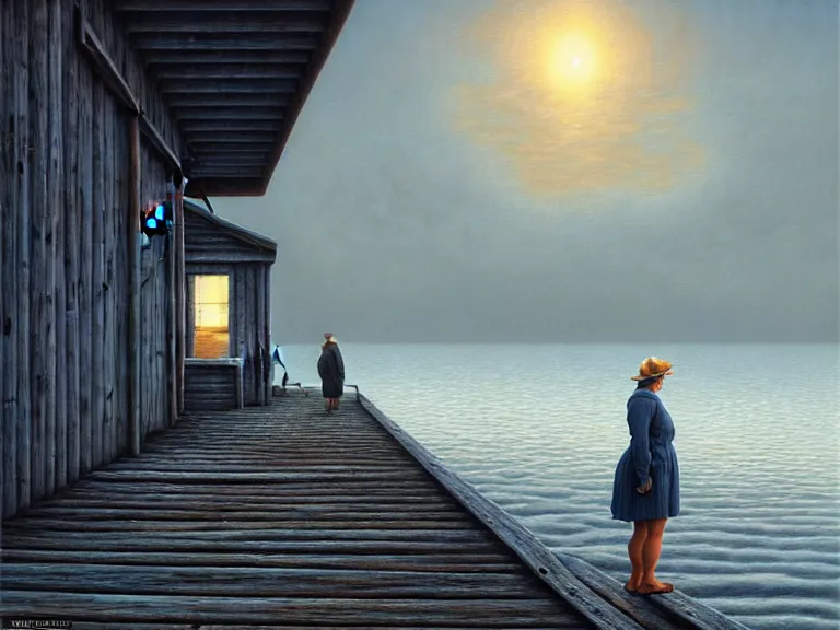 Image similar to a woman standing on a forgotten wharf on a cold sea by rob gonsalves and vladimir kush and ruth deckard and gil elvgren and harry ekman and george petty, crisp details, hyperrealism, high detail, high contrast, low light, grey mist, cobblestones, dim lantern