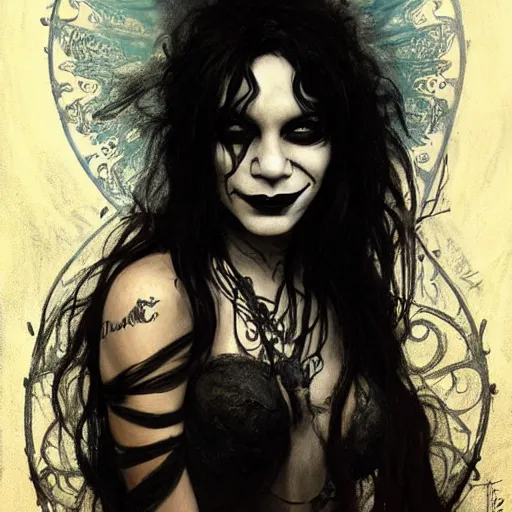 Image similar to beautiful portrait of vanessa hudgens as death from sandman, smiling, by cedric peyravernay, alphonse mucha, by jeremy mann, by lecouffe deharme, goth chic, soft lightning, eyeliner, punk rock, high detailed, 8 k