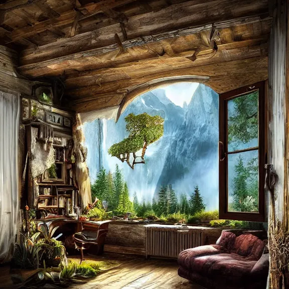 Prompt: fantastical living room with switzerland landscape in the window by marc adamus, beautiful dramatic lighting, overgrown with funghi, style by peter deligdisch, peterdraws