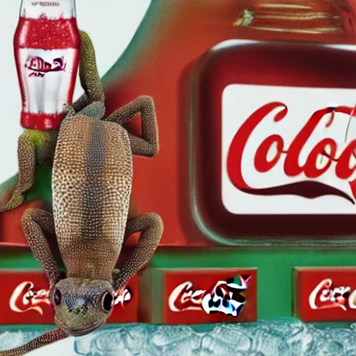 Prompt: gecko advertising the drink coca cola to all his chameleon friends, promo photo