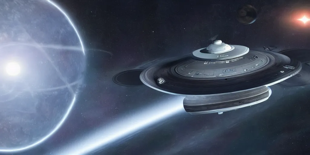 Image similar to hyperrealistic render of the enterprise c from star trek with nacelles behind the saucer section orbiting a gas giant planet hyperdetailed, main focus on the enterpise from star trek, artstation, cgsociety, in the style star trek 8 k