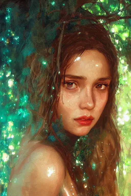 Image similar to portrait bohemian girl in tulum mexico jungle, staring directly into camera, intricate, elegant, glowing lights, highly detailed, digital painting, artstation, sharp focus, illustration, art by wlop, mars ravelo and greg rutkowski