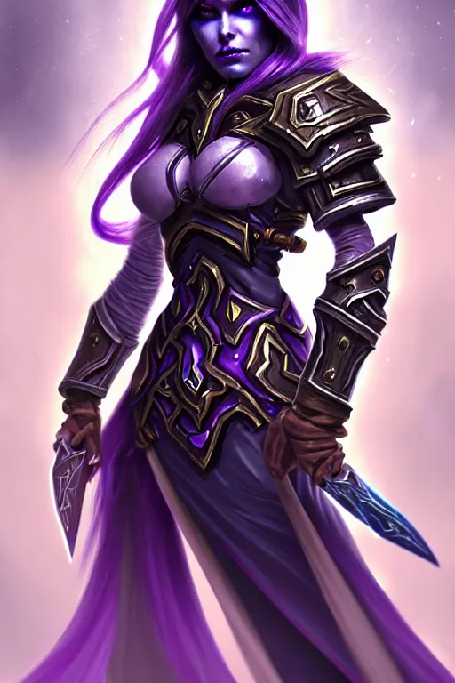 Image similar to alexey gurylev, pale sylvanas windrunner in sci - fi power armor with purple hair, mysterious, deep focus, d & d, fantasy, complex, elegant, highly detailed, digital painting, artstation, concept art, matte, clear focus, illustration, hearthstone, artgerm art, greg rutkovsky and alphonse mucha