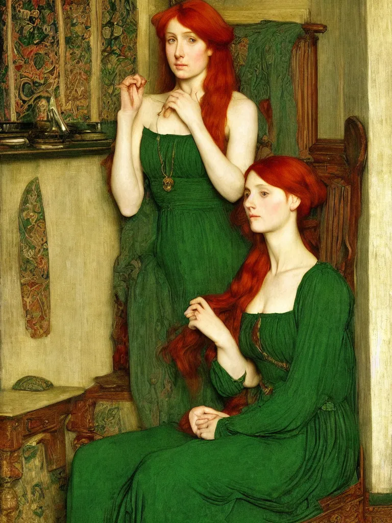 Prompt: a portrait of a beautiful young woman with flowing red hair, green dress, interior of a medieval living room, pre-raphaelite, backlit, by Waterhouse, by Millais