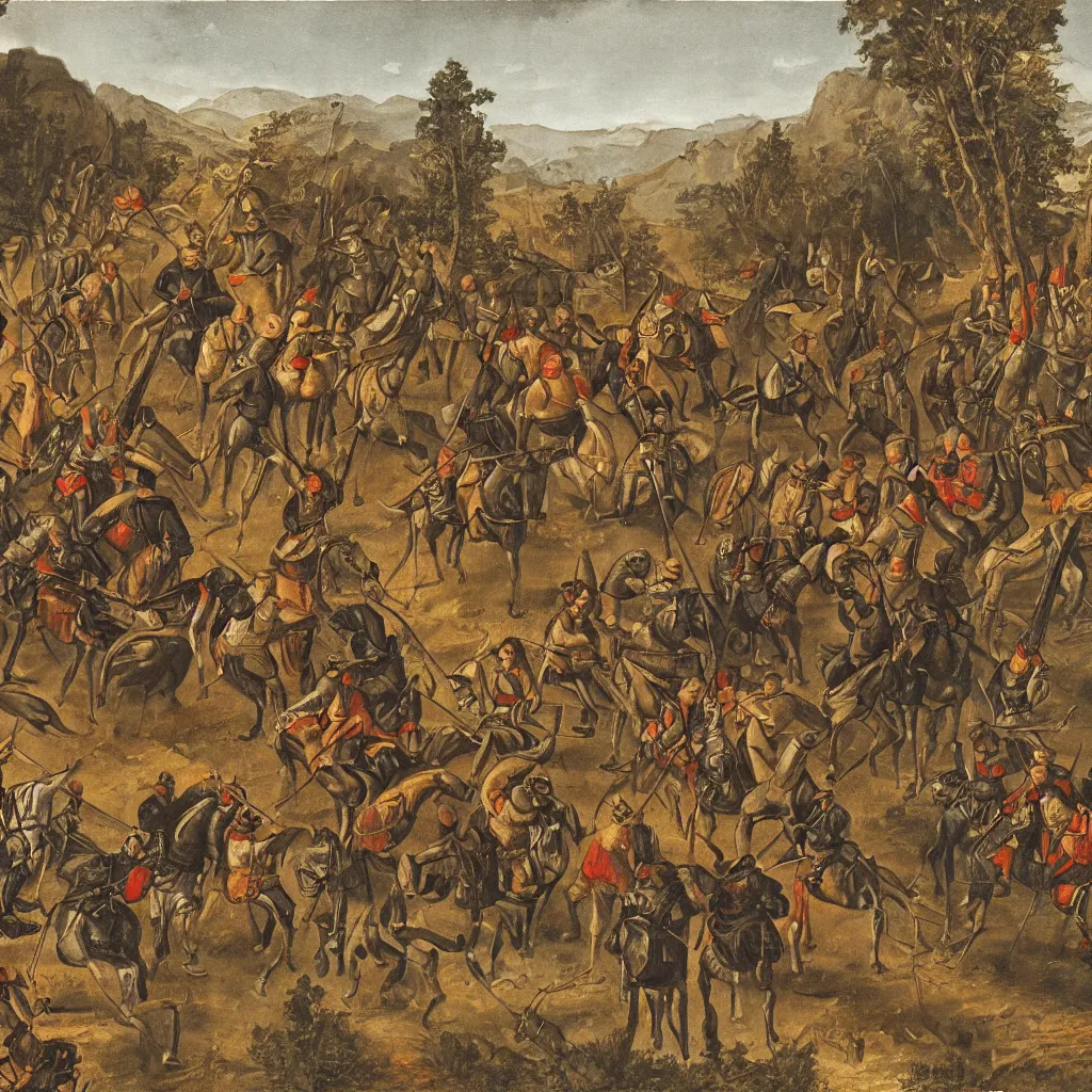 Prompt: A painting of a group of medieval mercenaries riding horses, dull grey forests and mountains in the background, highly detailed illustration