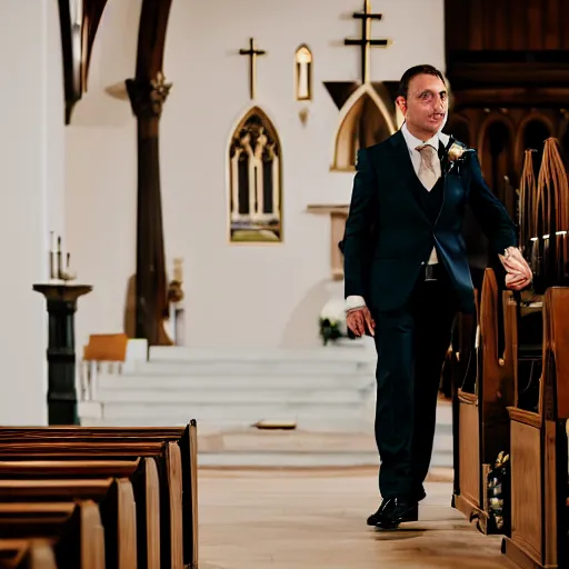 Image similar to a photography of a man in a suit barging into a church to interrupting a wedding