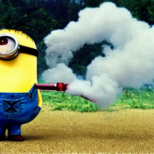 Image similar to photograph of minion from despicable me smoking a bong at woodstock, circa 1 9 6 9