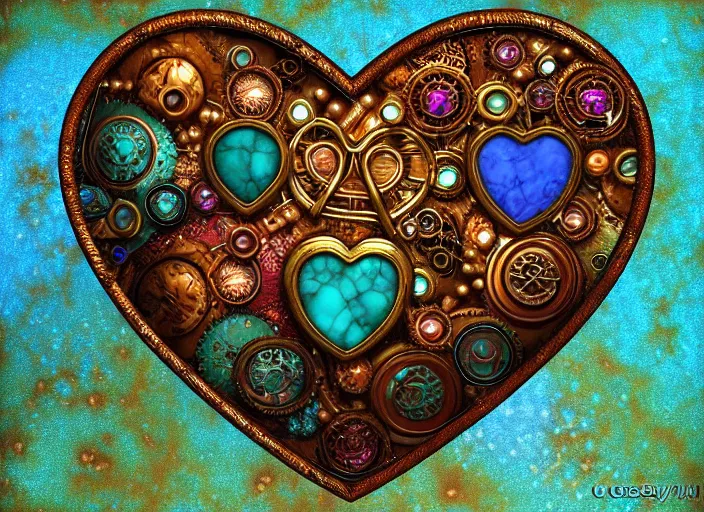 Prompt: steampunk symmetrical heart, shiny multicolored gems. by casey baugh, by rembrandt, mandelbulb 3 d, turquoise rust, stained glass