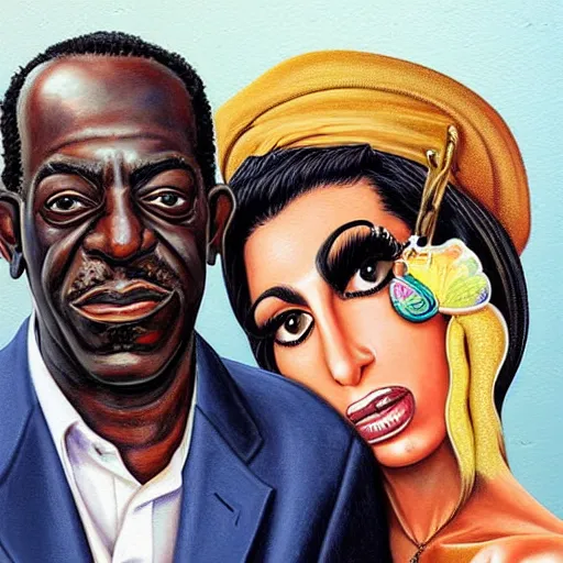 Image similar to beautiful lifelike painting of flava flav and amy winehouse buying a yacht in dubrovnik, hyperreal detailed facial features and uv lighting, art by ed roth and basil wolverton