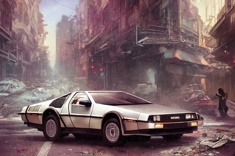 Image similar to photograph of the delorean driving down the streets of a cyberpunk abandoned city, by greg rutkowski, by stanley artgerm, by alphonse mucha