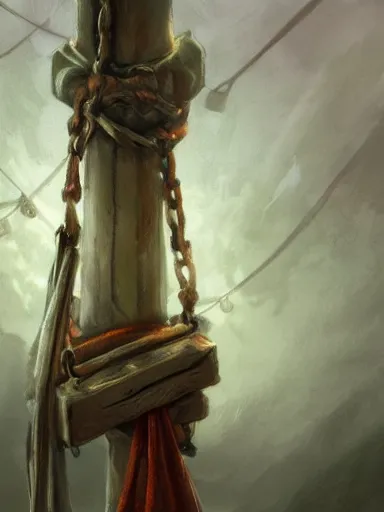 Prompt: a hanged man, tie down, hanging in a public squareintricate, elegant, highly detailed, digital painting, artstation, concept art, sharp focus, illustration, by justin gerard and artgerm, 8 k