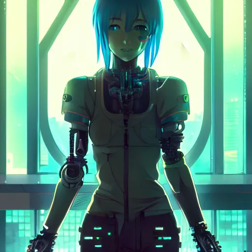 Image similar to cyberpunk anime art, beautiful cyborg girl in the style of arcane holding excalibur, full round face, biomechanical details, full body shot, rain, wet street, window reflections, lens flare, wlop, ilya kuvshinov, artgerm, krenz cushart, greg rutkowski