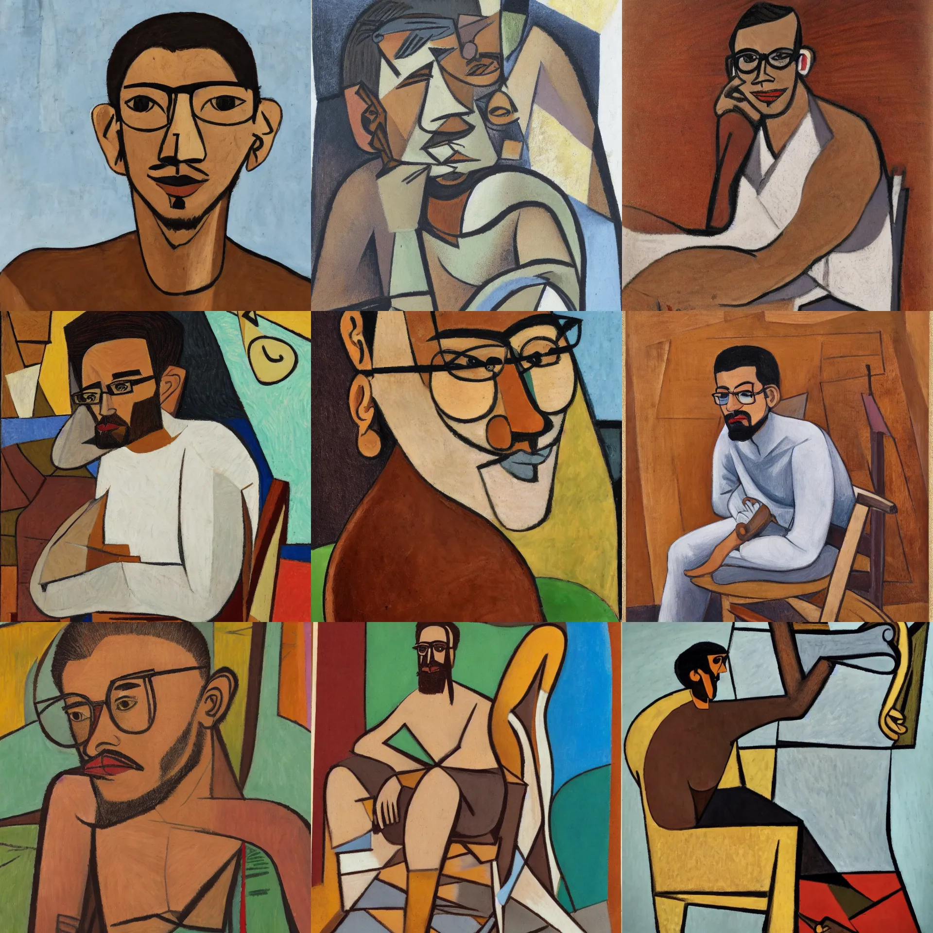 Prompt: 3 / 4 view portrait of a latino skinny young man, brown skin, wavy short hair, goatee, wearing glasses, straight nose, seated on wooden chair, close up, light brown background, painted by picasso