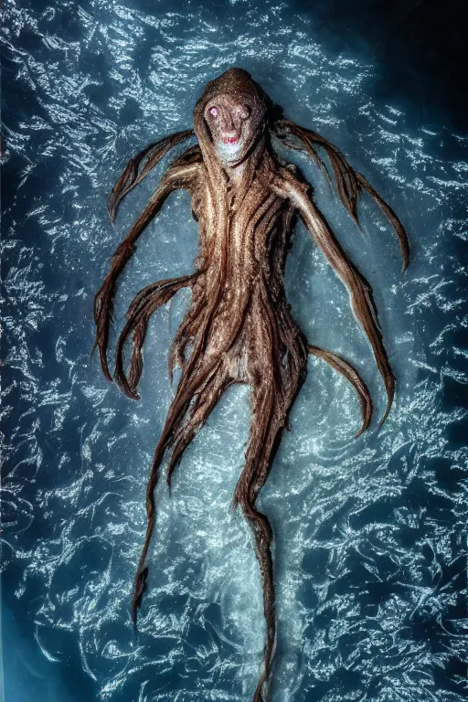 Prompt: national geographic photos of deep sea humanoid creatures deep down under the ocean.