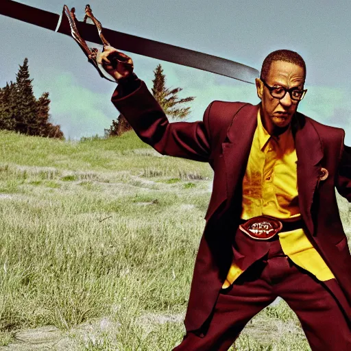 Image similar to Gus Fring holding a daedric katana in a battle stance dramatic photograph