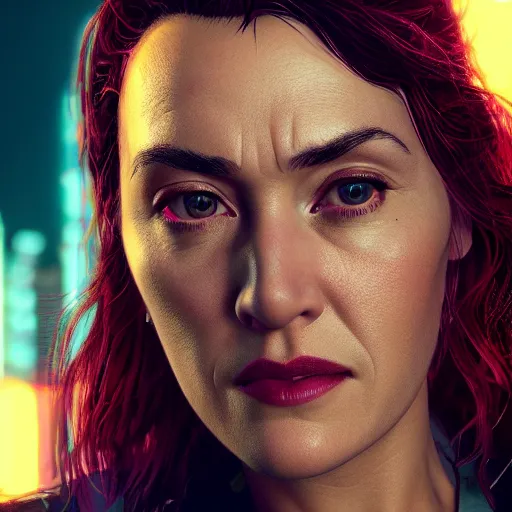 Prompt: kate winslet portrait, cyberpunk 2 0 7 7, cyberpunk judy alvarez, photorealistic, ultra detailed, neon, octane, bokeh, cinematic lighting, cyber, cyberpunk city, studio quality, feature, scars, cyberface, 8 k