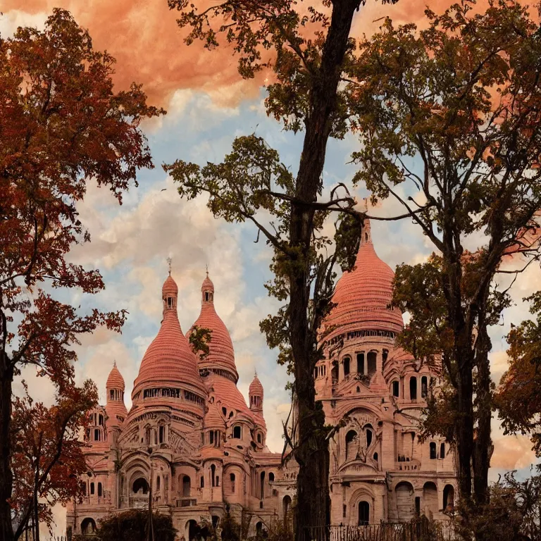 Image similar to abandoned Basilica of Sacré Coeur de Montmartre, toxic orange and pink clouds strain the sunlight, stark contrasting lighting, contrejour, a two-headed mutated deer-like creature looks on in the distance from the sparse twisted silhouetted foliage, a highly detailed colorful matte painting by Scott Listfield and Mikko Lagerstedt, featured on Artstation, Unreal Render, 8k HDR, fisheye