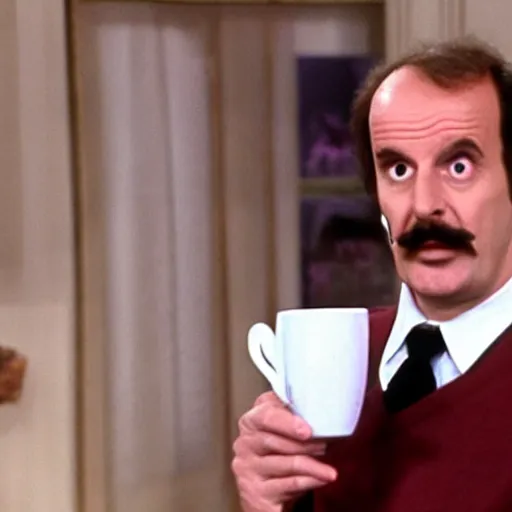 Prompt: a still of basil fawlty drinking a cup of tea