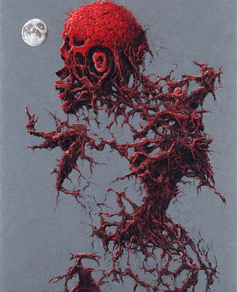 Prompt: moon made from thousands of rotten demonic bloody corpses of Nicolas Cage, body horror, flesh, blood, grotesque hell, highly detailed, red lightning, artstation, art by zdislav beksinski, wayne barlowe, phil hale