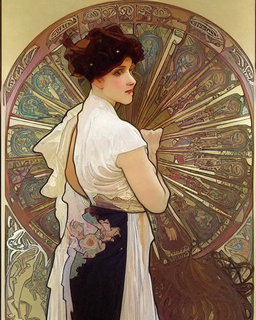 Prompt: painting alphonse mucha, the interior of the opera house, in the hollow of the hall a singer in a white dress on a lighted stage, palette of pastel colors