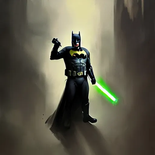 Prompt: batman holding a lightsaber, highly detailed, extremely realistic, dark, digital painting, concept art, intricate, elegant, art by greg rutkowski