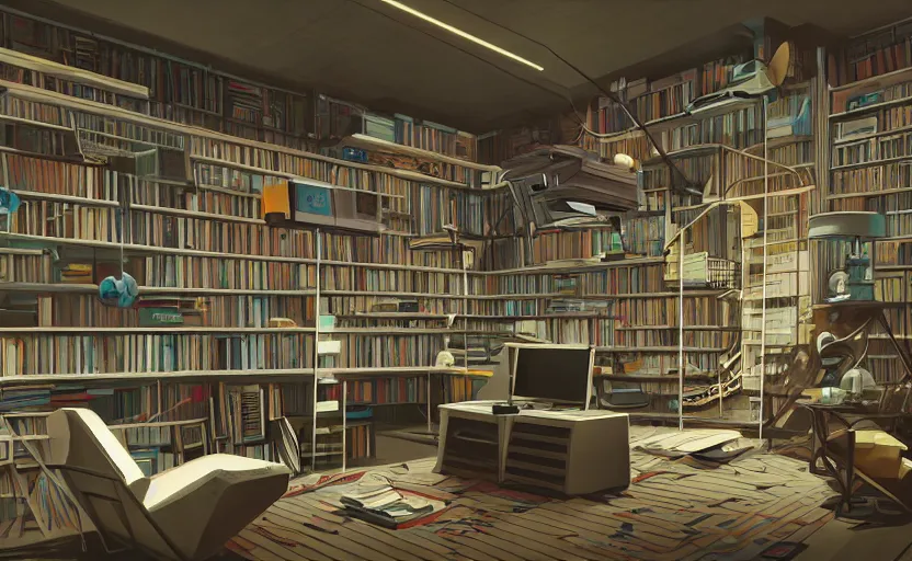 Prompt: Interior shot of a futuristic brutalist studio apartment with computers and library by Petros Afshar and Beeple, James Gilleard, Mark Ryden, Wolfgang Lettl highly detailed