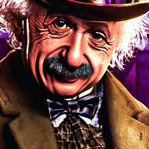 Prompt: albert einstein as willy wonka in gears of war, splash art, movie still, detailed face, photorealistic facial features, cinematic lighting, dramatic, octane render, long lens, shallow depth of field, bokeh, anamorphic lens flare, 8 k, hyper detailed, 3 5 mm film grain