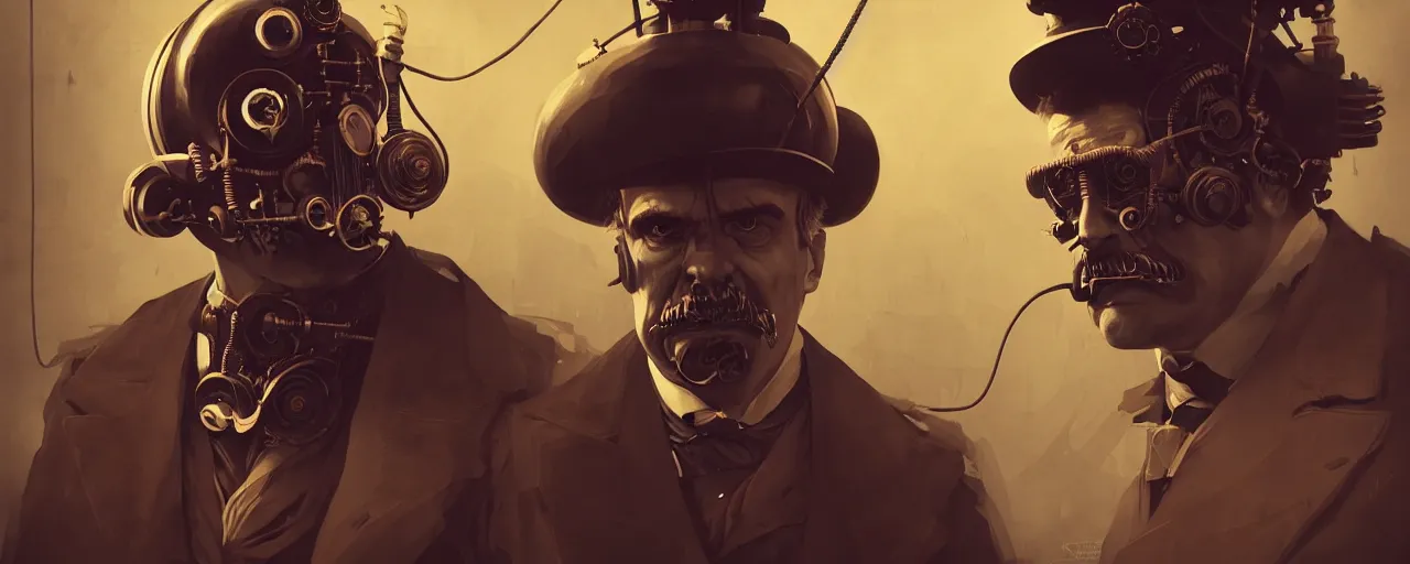 Image similar to duotone dark concept illustration 3 / 4 portrait of friedrich nietzsche as retro steampunk cyborg. cinematic ghastly lighting. golden ratio accidental renaissance. by sachin teng and sergey kolesov and ruan jia and heng z. graffiti art, scifi, fantasy, hyper detailed. octane render. concept art. trending on artstation