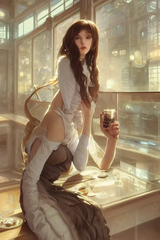 Image similar to an attractive serene cute android in a cafe, partially human , partially biomedical design , natural atmosphere, great high details, highly reaslitic, cinematic lighting, intricate, elegant, super highly detailed, art station, concept arD, beautiful, delicate, art by artgerm and greg rutkowski and alphonse mucha and loish and WLOP