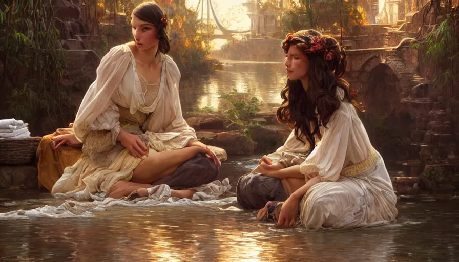 Prompt: perfectly-centered-Portrait of the most beautiful people on the planet, river, washing clothes, intricate, highly detailed, digital painting, artstation, concept art, smooth, sharp focus, illustration, Unreal Engine 5, 8K, art by artgerm and greg rutkowski and alphonse mucha