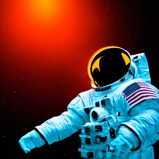 Image similar to astronaut silhouette with arms extended forward, bottom of arms lit by light coming from offcamera, light coming from below, dark background, lit from below, full body photo,, 8 k