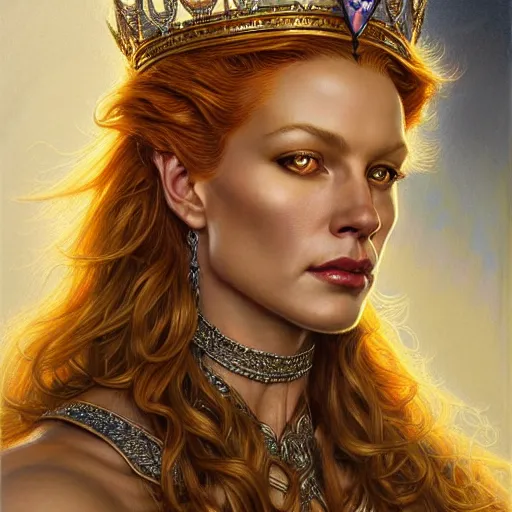 Image similar to highly detailed portrait of a majestic lioness queen in the form of a beautiful woman. d & d. art by donato giancola, chris rallis, anna dittmann, alberto vargas. trending on artstation, intricate details, energetic composition, golden ratio, concept art, illustration, elegant art, global illuminaition