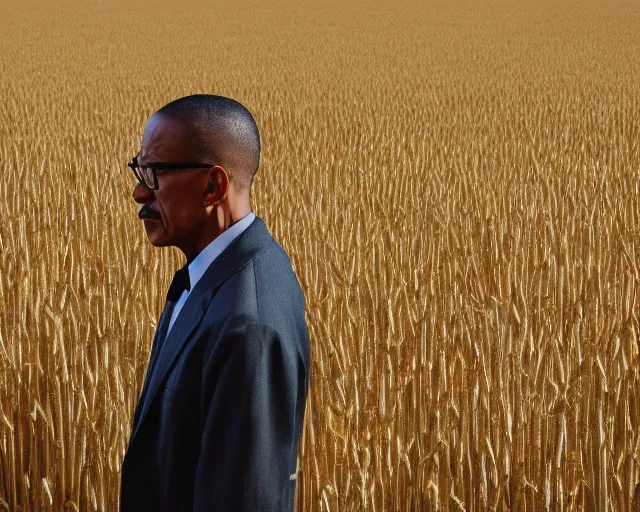 Image similar to walter white gustavo fring facing each other in a wheat field, side view, 3 5 mm photograph, 8 k resolution, wide shot, sharp lens