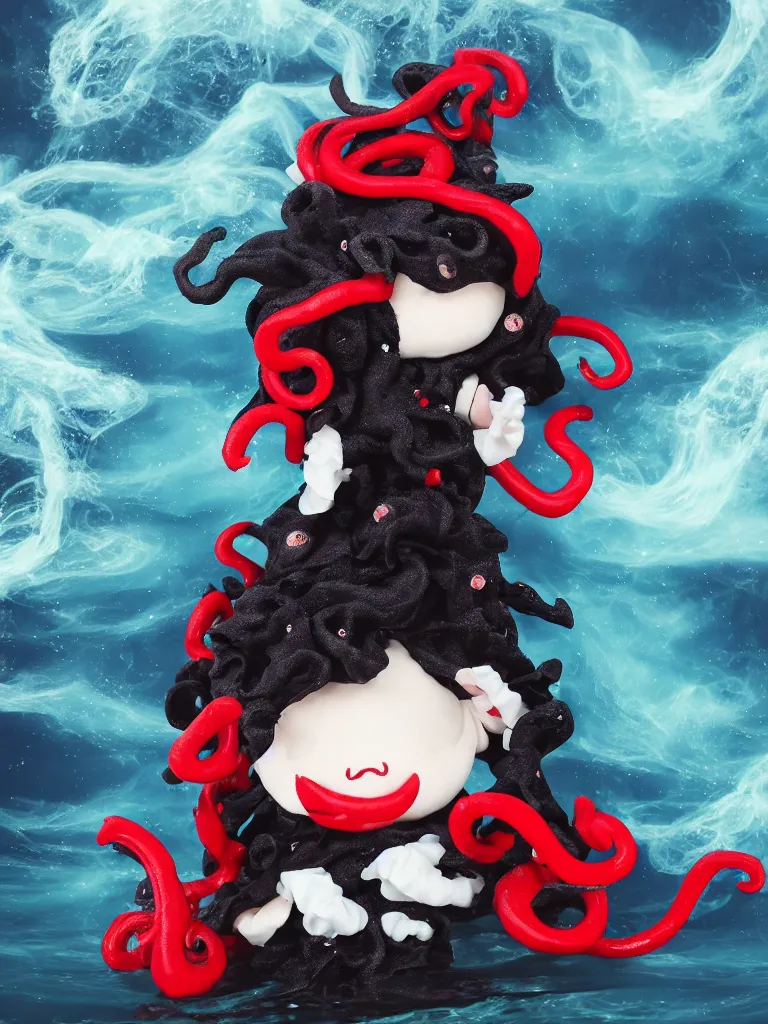 Prompt: cute fumo plush chibi gothic octopus prince boy washing his hair in the waves of the wavering dark galactic abyss, long black and red ruffled intricate uniform with ribbons, ocean wave thunderstorm and reflective splashing water, wisps of smoke and haze and volumetric fog, ocean simulation, vignette, vray