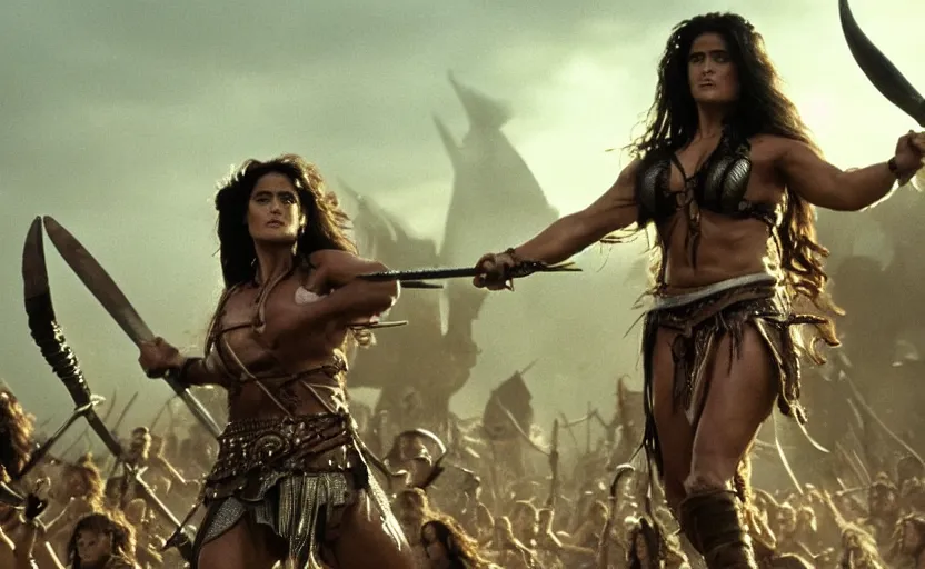 Prompt: epic photo of muscular salma hayek as beautiful barbarian warrior queen with long curly black hair, battle scene with a thousand warriors behind her in the background, sweaty, detailed eyes, neutral expression, shallow depth of field, photorealistic, cinematic lighting, lovely bokeh, warm colours, dusk, movie quality, conan the destroyer 1 9 8 5, movie still, cinemascope