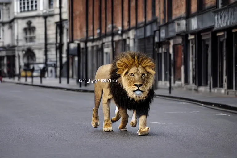 Image similar to Photo of a lion walking through the empty streets of london, highly detailed, award winning, Canon 100-400mm f/4.5-5.6 II,