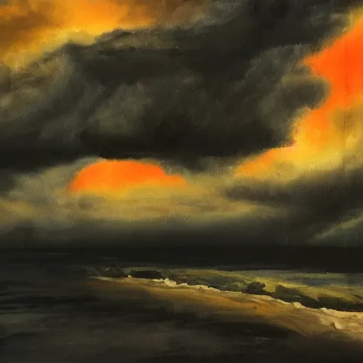 Image similar to This is a painting of a dark, stormy place where the sun never shines and the sky is always dark. The style is dark and ominous, with heavy shadows and bleak colors.