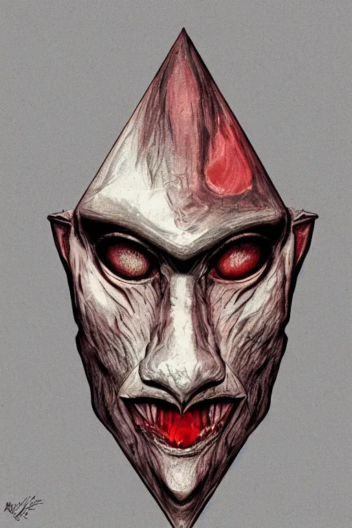 Prompt: portrait of triangle shaped goblin head with single centered giant bloodshot eye, in the style of Greg Broadmore and Arthur Rackham,trending on artstation, light lighting side view,digital art,surrealism ,macro,blueprint ,vaporwave ,