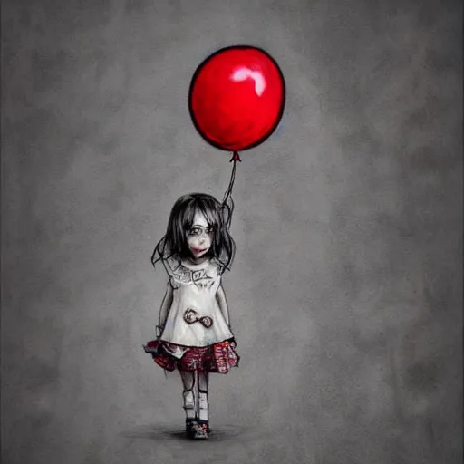 Image similar to surrealism grunge cartoon sketch of a sad little girlwith a wide smile and a red balloon by - michael karcz, loony toons style, horror theme, detailed, elegant, intricate