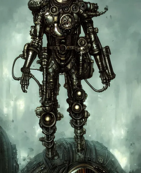 Image similar to steampunk armoured saitama from one punch man by hr giger and beksinski and stephan martiniere, trending on artstation, 4 k resolution, detailed, high quality, hq artwork