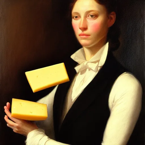 Image similar to portrait of a cat wearing a black suit jacket and holding a piece of cheese, tan vest, and white ascot, an american romanticism painting, a portrait painting, cgsociety, soft focus, oil on canvas