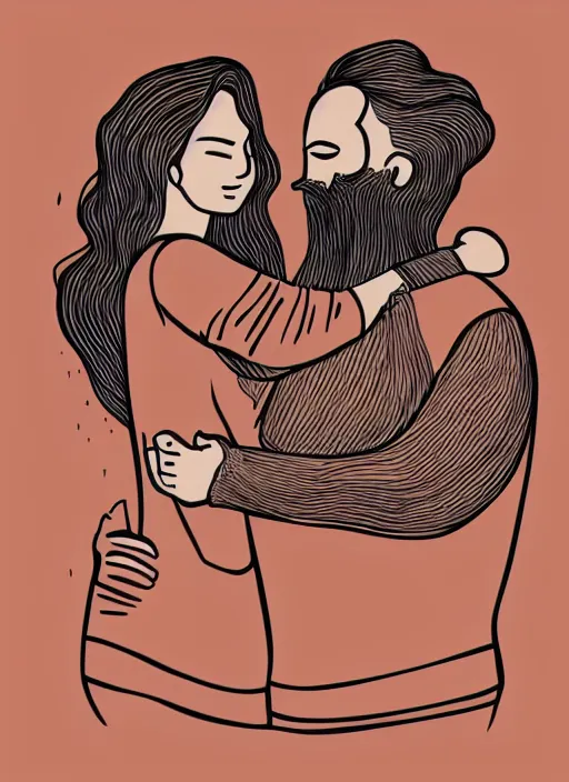 Prompt: Continuous one line drawing. Loving couple curly-haired woman hugging man with beard. Vector illustration