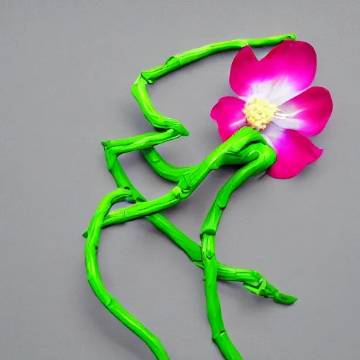 Image similar to studio photograph of a thin green vine creature with vine limbs and a pink blooming flower mouth with many sharp teeth